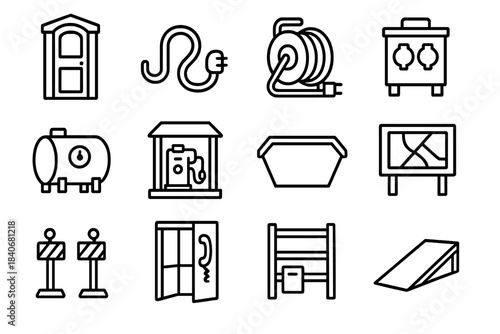 Construction Site Icons. Construction Site Utilities linear set: portable restroom, water line hose, electrical cable reel, site transformer, fuel storage tank, pump station, waste