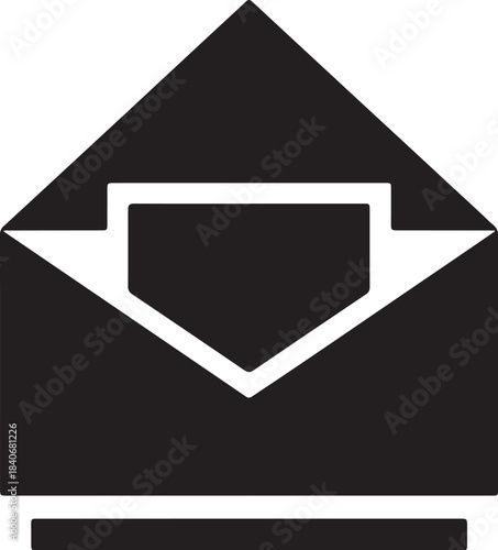 Black open envelope with white paper insert and horizontal line below on transparent background mail