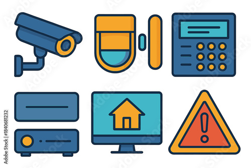 Home Security Icons. Home security equipment flat set: outdoor camera, motion detector, entry sensor, window sensor, alarm panel, DVR unit, monitoring screen, caution sign.