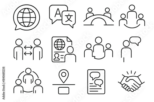 Global Dialogue Icons. Global Conversation Set linear set: world speech bubble, bilingual panel, cultural bridge, dialogue flow arrows, shared reference card, mediator icon,