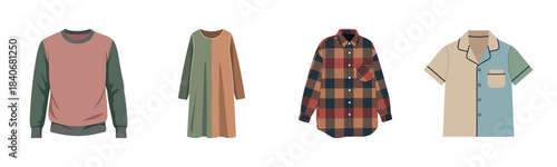 Collection of clothing items: sweater, dress, plaid shirt, short-sleeve shirt