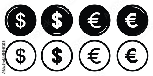 Dollar euro financial icon illustration showing online payment symbols, digital wallet graphics, currency signs and earnings coin visuals suitable for banking and economic design projects. EPS 10. 
