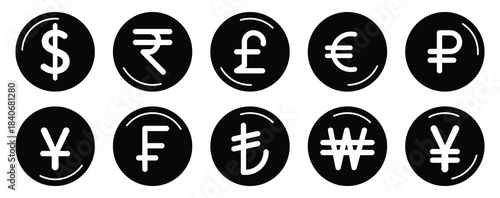 Currency symbols icons set with label. Dollar, Euro, Pound, Rupee, Franc, Ruble, Yen, Won black and white color vector illustration. Money icon set. Dollar and Euro symbol. showing online payment. 