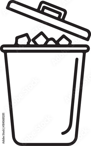 Black outline of an open trash can filled with crumpled paper on transparent background garbage bin wastebasket