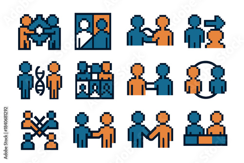 Teamwork Icon Set. Cooperative Teamwork Set pixel style set: merged effort icon, unified task tile, mutual-support wave, aligned action arrow, synergy thread, teamwork grid card,