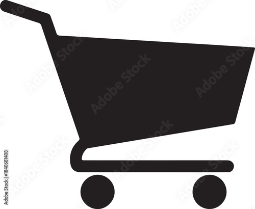 Black silhouette of a shopping cart with handle and wheels on a white background on transparent background