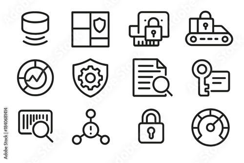 Cyber Defense Icons. Industrial Cyber Defense Frameworks linear set: intrusion sensor puck, micro-segmented zone tile, secure protocol port, encrypted command lane, behavioral