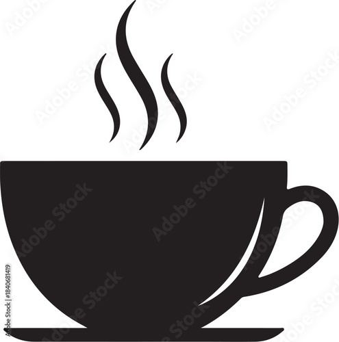 Black silhouette of a steaming coffee cup and saucer with wisps of steam rising on transparent background