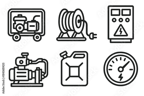 Power Systems Icons. Mining and Construction Power Systems linear set: generator unit, power cable reel, control panel, hydraulic pump, fuel canister, energy gauge.