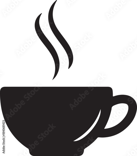 Black silhouette of a steaming coffee cup with wisps of steam rising on transparent background