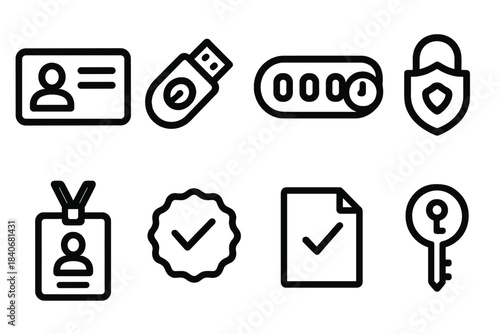 Security Icon Set. Credential & token icons linear set: identity card, token dongle, one-time code, lock badge, access pass, security seal, permission slip, digital key.