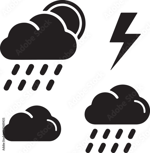 Black silhouette of a sun partially obscured by a rain cloud with falling raindrops a lightning bolt and a second rain cloud with falling raindrops on transparent background