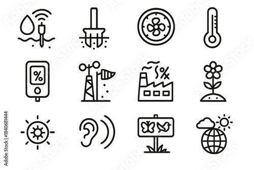 Environmental Sensor Icons. Environmental Monitoring linear set: water sensor, soil probe, air meter, temperature gauge, humidity reader, weather station, pollutant icon, habitat