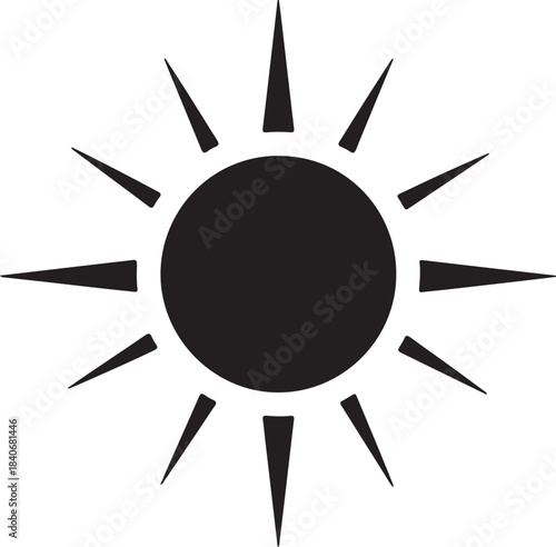 Black silhouette of a sun with sharp triangular rays on a white background on transparent background
