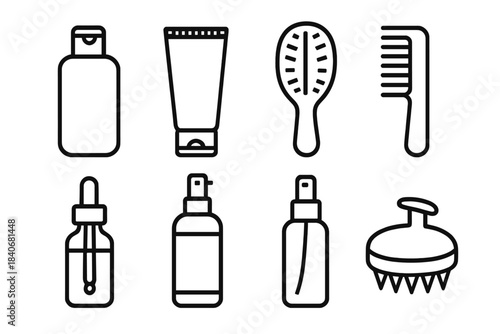 Black Outline Hair Essentials. Hair Care Items linear set: shampoo bottle, conditioner tube, hairbrush, wide-tooth comb, hair serum dropper, heat-protect spray, detangling mist,