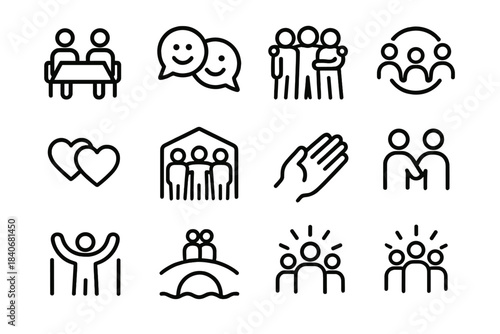 Social Inclusion Icons. Social Inclusion Icons linear set: shared table, friendly chat bubble, group hug symbol, open circle of friends, connection hearts, inclusive event icon,