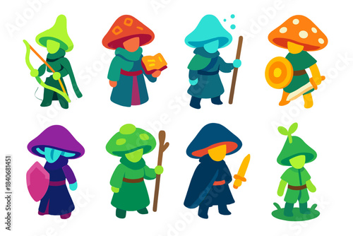 Fantasy Mushroom Icons. Fantasy mushroom guardians isometric flat set: glowstalk ranger, rune-cap sage, mist-spore scout, fairy-ring watcher, crystal-gill defender, soft-moss guide