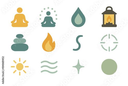 Pixel Art Meditation Icons. Inner Sanctuary pixel style set: meditation pose, calm aura, reflective droplet, soft lantern, grounding stone, gentle flame, peaceful curve, open space