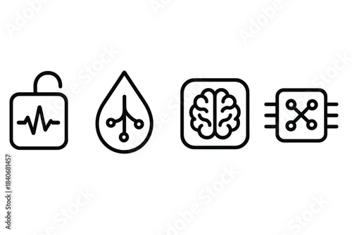 Neural Signal Icons. Neural Input/Output Layers linear set: bio-signal pad, sensory-route droplet, neuro-link tile.