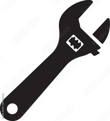 Black silhouette of an adjustable wrench tool on a white background on transparent background