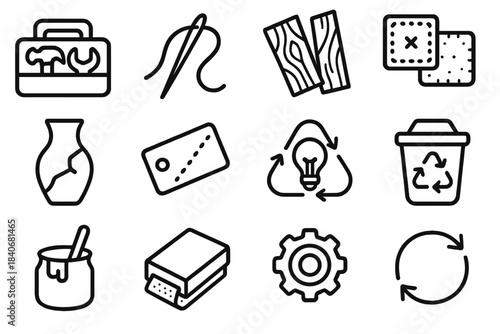 Upcycling Tool Icons. Upcycling & Repair Set linear set: tool kit, sewing needle, wood scraps, fabric patches, remolded item, reclaimed metal piece, creative upcycle icon, reuse