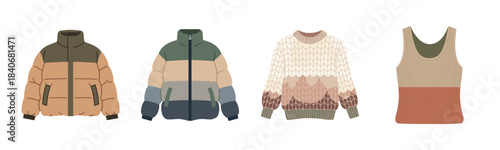 Warm winter fashion: colorful puffer jackets, cozy knit sweater, stylish vest