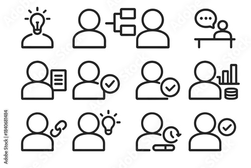 Team Roles Icons. Collaborative Team Functions linear set: vision setter, workflow organizer, meeting host, documentation keeper, problem solver, data reviewer, stakeholder liaison