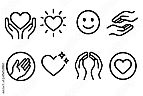 Empathy Icons Collection. Human Empathy linear set: caring hands, heart glow, warm smile icon, comfort gesture, support circle, gentle wave, compassion spark, unity ring.