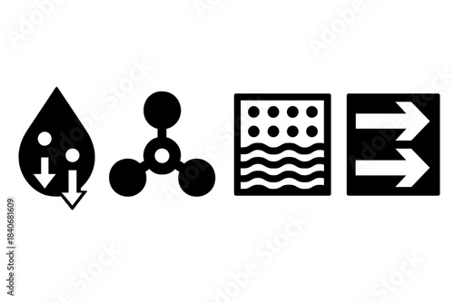 Water Pollutant Icons. Subsurface Water Pollutant Patterns silhouette set: nutrient-leak droplet, microbial-mat node, diffusion-flow tile.