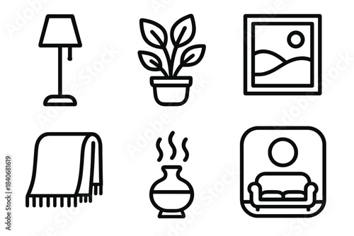 Minimalist Interior Icons. Soothing Interior Spaces linear set: minimal lamp, harmony plant, mellow wall art, soft throw, balanced aroma icon, restful room marker.