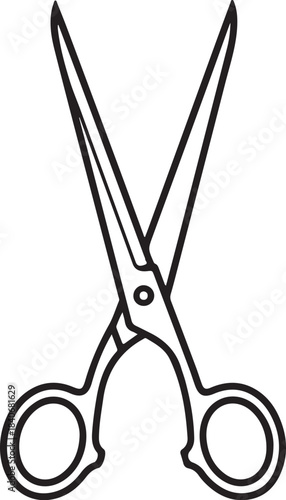 Open black outline scissors with finger loops and pivot point on transparent background cutting tool