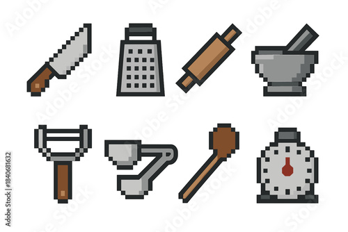 Kitchen Icons Collection. Kitchen Preparation Tools pixel style set: chopping knife, grater icon, rolling pin, mortar and pestle, peeling tool, measuring cups, mixing spoon, prep