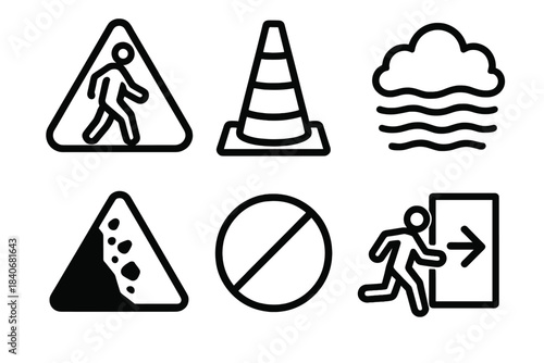 Safety Icon Set. Public Safety Warnings linear set: pedestrian caution, road hazard cone, low visibility fog icon, falling debris sign, restricted zone marker, emergency exit arrow