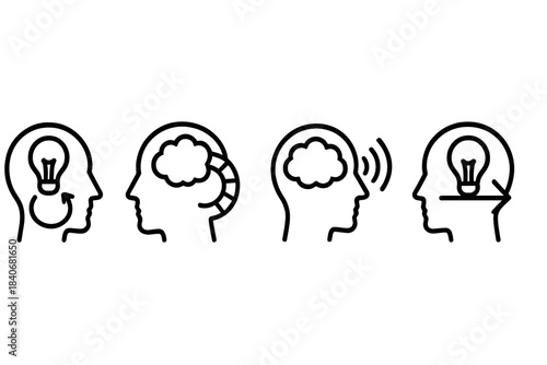 Cognitive Connection Icons. Cognitive Connection Models linear set: idea-transfer ring, thought-bridge coil, signal-passage bar.