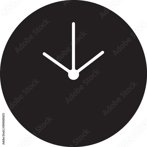Simple black clock face with white hour and minute hands pointing downwards on transparent background