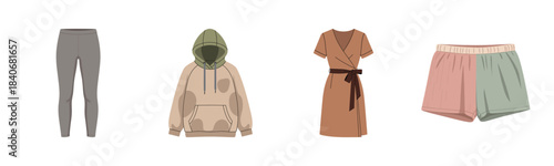 Casual clothing collection: hoodie, dress, leggings, shorts in neutral and earth tones