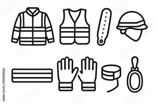 Safety Gear Icons. High-visibility equipment linear set: reflective jacket, vest with stripes, LED armband, helmet decal, safety belt strip, reflective gloves, ankle strap, clip-on