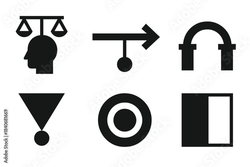 Balanced Thinking Icons. Balanced Thinking Strategies silhouette set: even-scale mind icon, cognitive balance bar, perspective-shift arrow, emotional–rational bridge, clarity beam,
