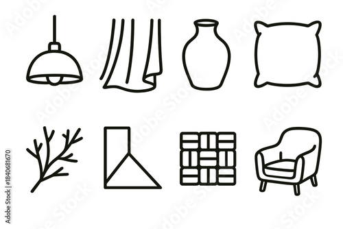 Tranquil Indoor Icons. Harmonious Indoor Atmospheres linear set: muted pendant lamp, fabric drape, smooth pottery piece, cozy pillow, natural branch decor, warm wall wash light,