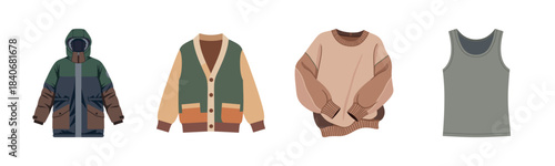Colorful winter wear collection: jackets, cardigans, sweaters, and vests