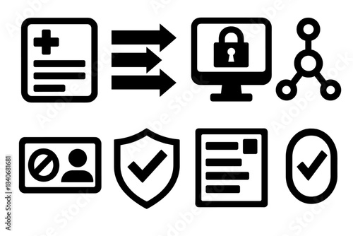 Medical Icon Set. Medical information transparency silhouette set: health record tile, data flow bar, access monitor icon, audit node, consent strip, verification tile, report
