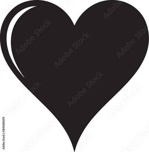 Solid black heart symbol with a subtle white highlight on the upper left curve on transparent background