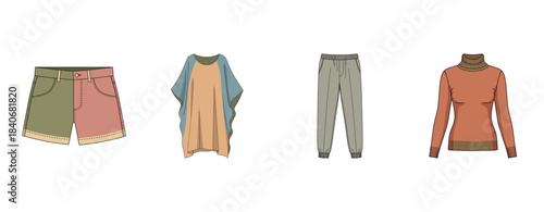 Diverse clothing collection: shorts, poncho, sweatpants, and sweater