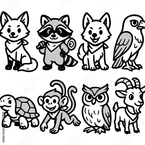 Adventure Animal Icons. Adventure sidekick animals set linear set: brave fox, clever raccoon, loyal wolf pup, swift falcon, sturdy turtle, agile monkey, keen-eyed owl, spirited