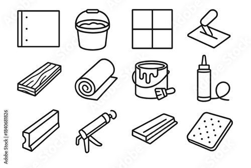 Construction Material Icons. Finishing & Surface Materials linear set: drywall panel, plaster bucket, ceramic tile, grout spreader, flooring plank, carpet roll, paint can, primer