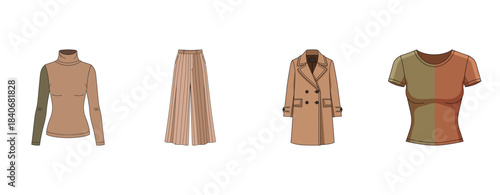 Collection of fashionable women's apparel: turtleneck, skirt, coat, and t-shirt