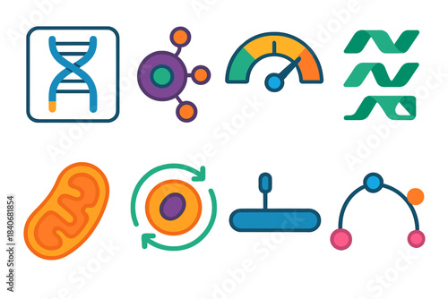 Biochemical Aging Prevention Icons. Biochemical aging prevention flat set: telomere tile, repair enzyme node, ROS gauge, protein folding strip, mitochondrial health bar, cellular