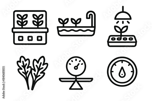 Indoor Grow System. Self-Sufficient Indoor Edibles linear set: modular grow block, water channel, seed starter tray, controlled-light lamp, fresh greens icon, system balance gauge.