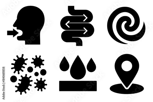 Digestive Pathway Icons. Digestive Pathway Elements silhouette set: ingestion icon, peristalsis wave, chyme swirl, gut microbiome cluster, water reabsorption bar, final exit marker