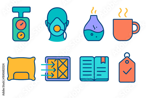 Pulmonary Wellness Tools. Pulmonary Wellness Practices Tools flat set: spirometer shape, mask symbol, humidifier, warm mug, pillow support, airflow filter, journal page, reminder